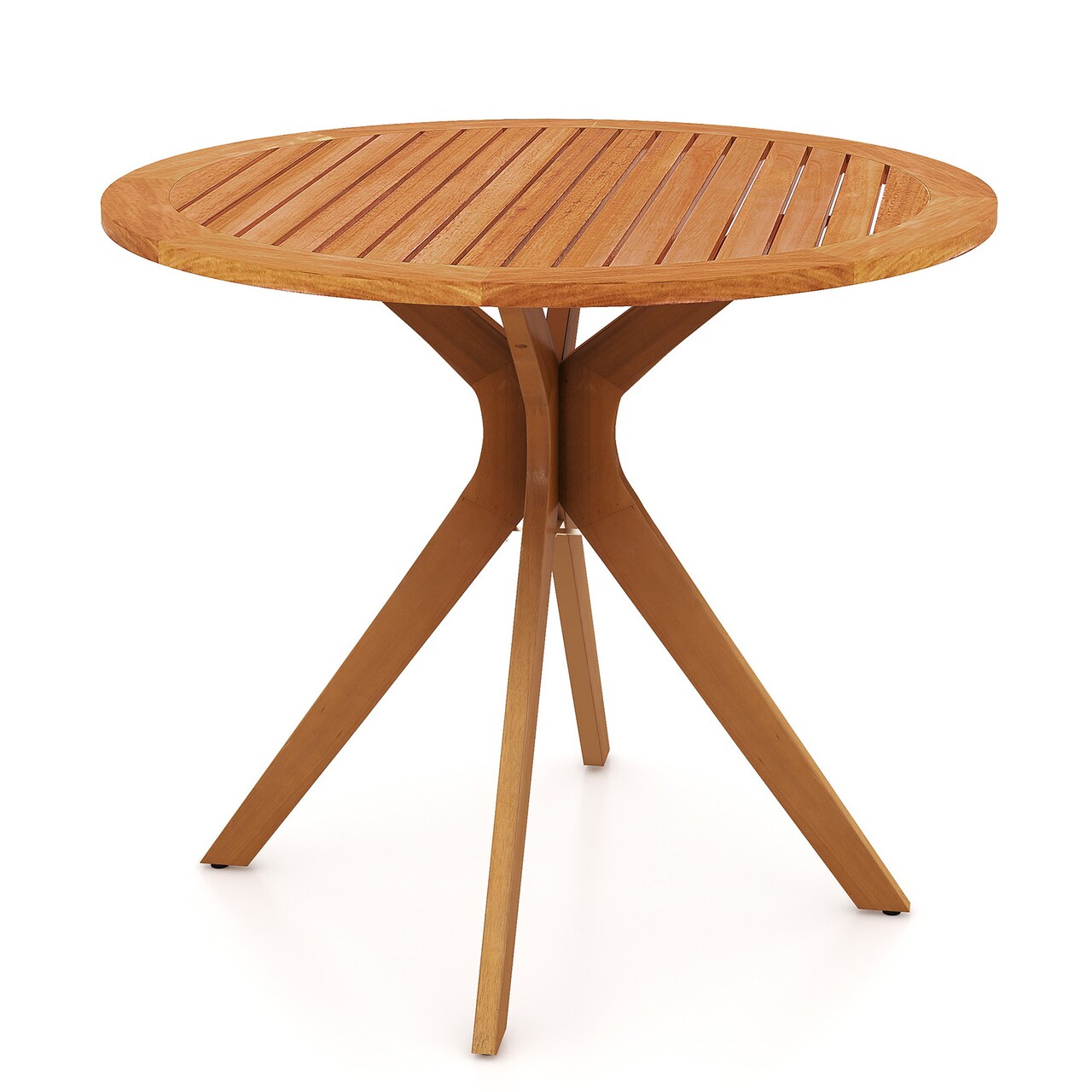 Patio Dining Table Round 35.5 Inch Eucalyptus Wood Slatted Outdoor Table Teak